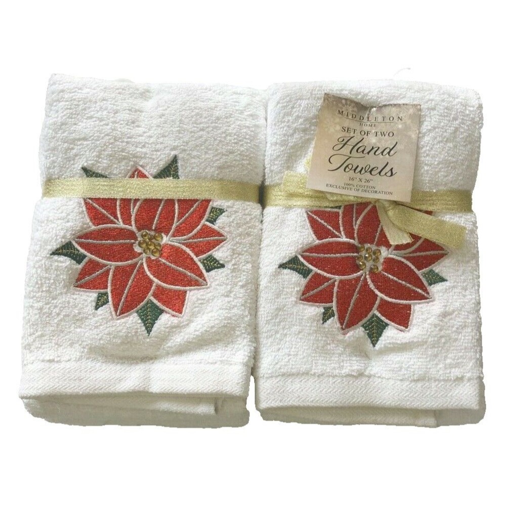 Christmas Poinsettia Hand Towels Embroidered Rhinestone Embellished Set of 2